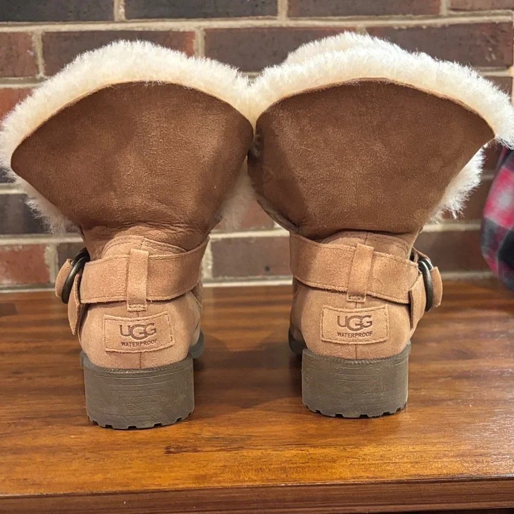 UGG Chestnut Suede Fur-Lined Ankle Boots with Buckle - Picture 2 of 16